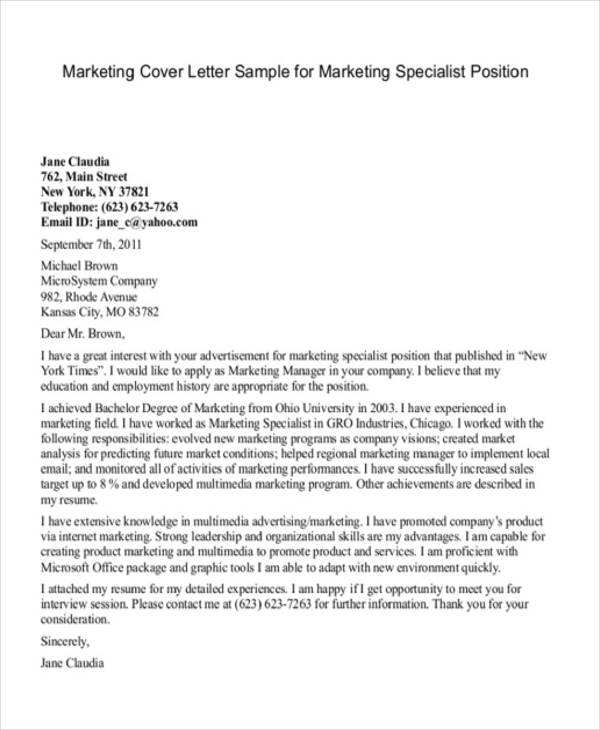 cover letter for marketing specialist job