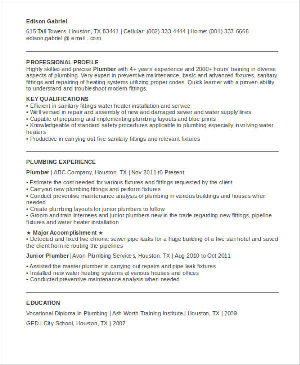10+ Sample Plumber Resume Templates PDF, DOC