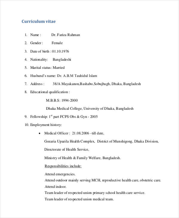 10+ Sample Medical Curriculum Vitae Templates - PDF, DOC