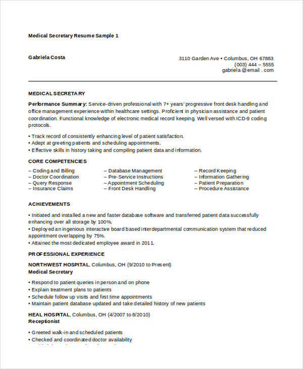 Medical Secretary Cv Example