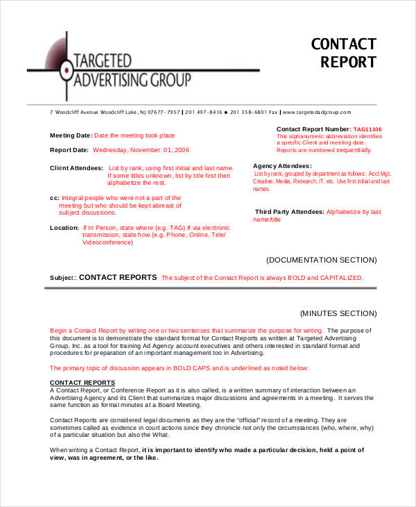 Customer Contact Report Template Popular Professional Template