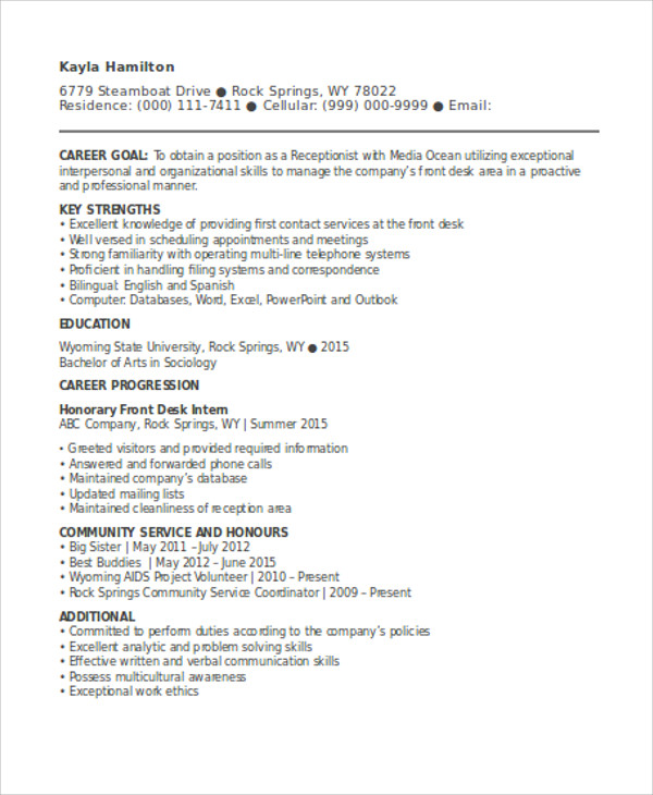 Receptionist Resume For Hotel Job With No Experience ...