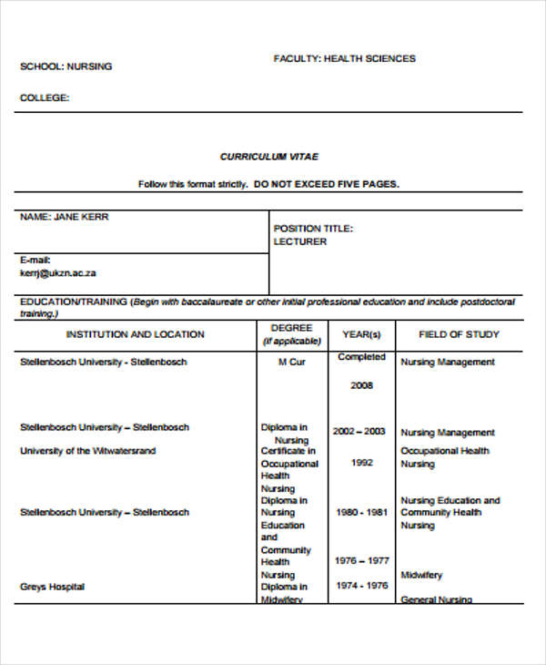 7+ Nursing Curriculum Vitae Templates - PDF, DOC