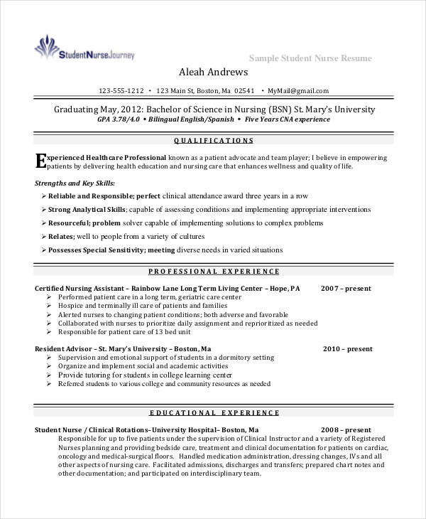 nursing student resume format