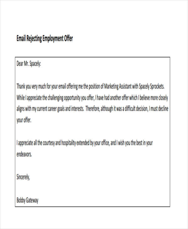 Decline A Job Offer Email Template