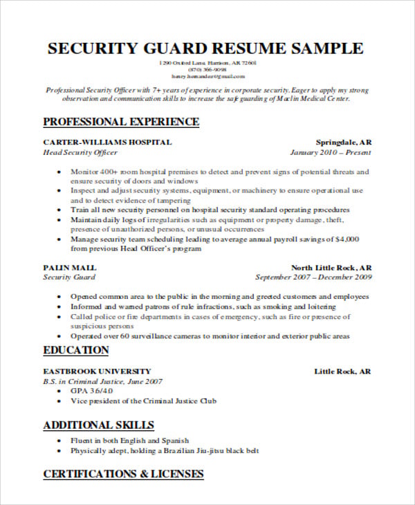 resume format for security guard job