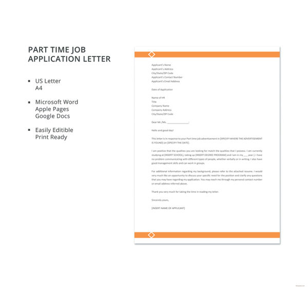 part time job application letter sample