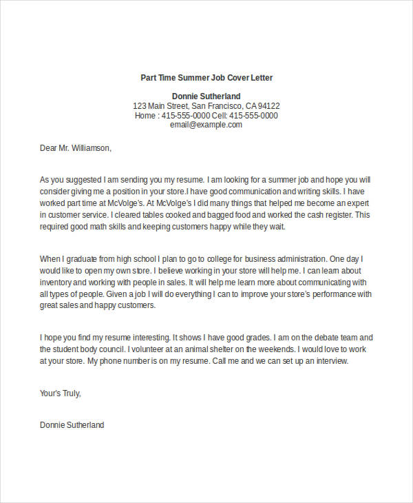 cover letter template part time job