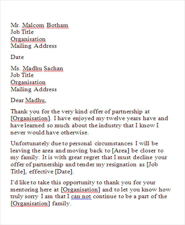 partnership rejection letter