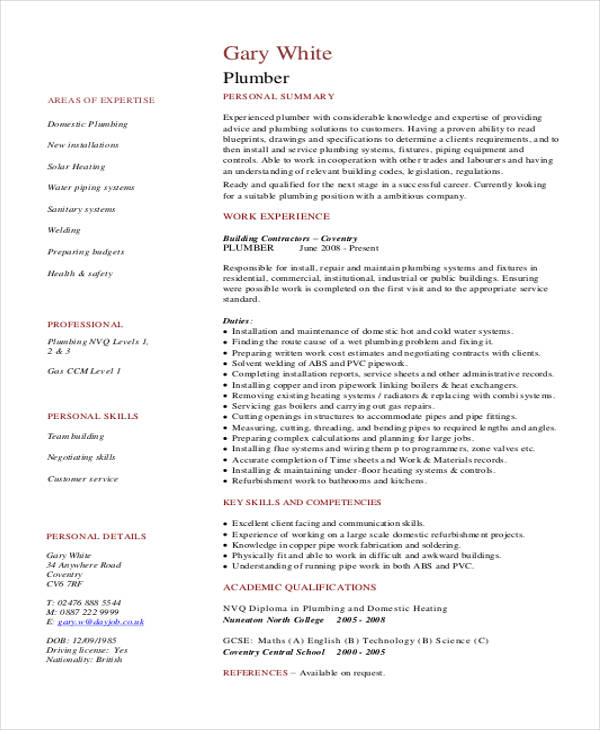 plumber resume in pdf