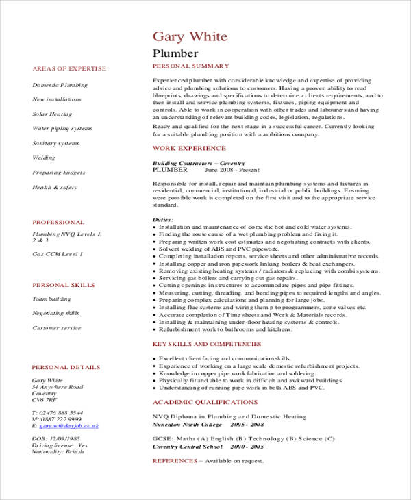 plumbing resume examples australia