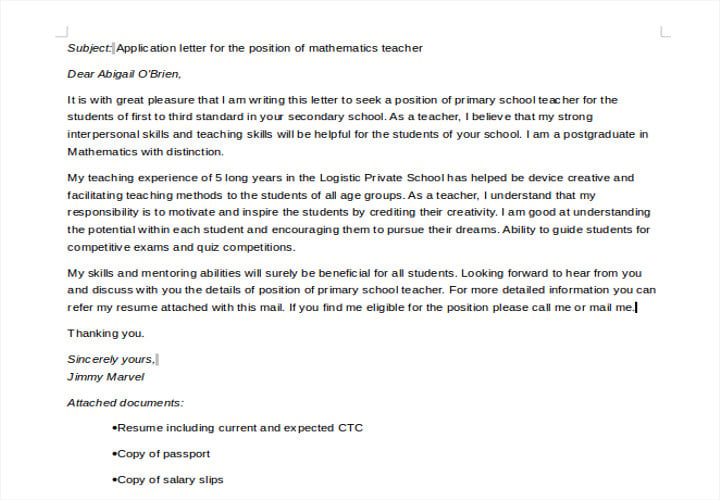 primary school teaching job application letter