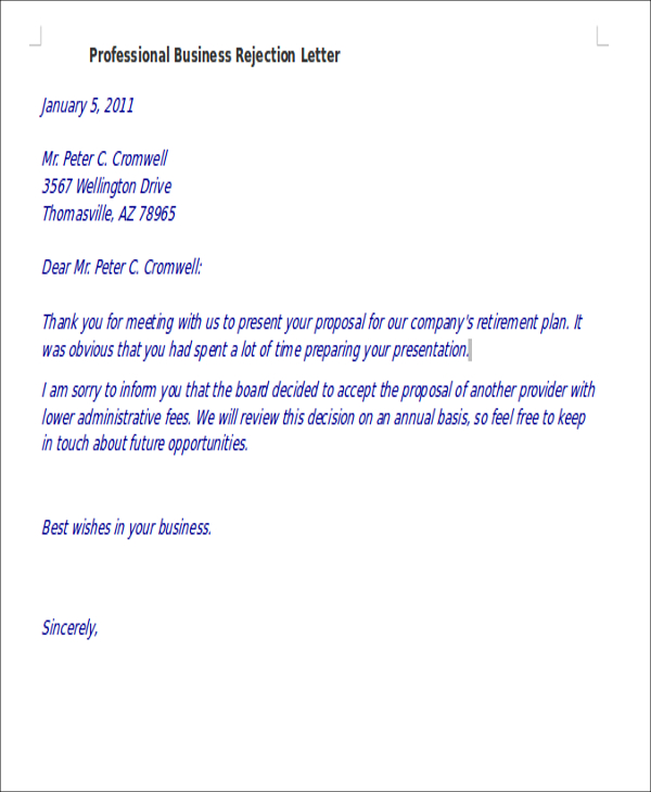 professional business rejection letter