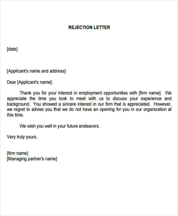 Employment Rejection Letters - 6+ Free Sample, Example ...