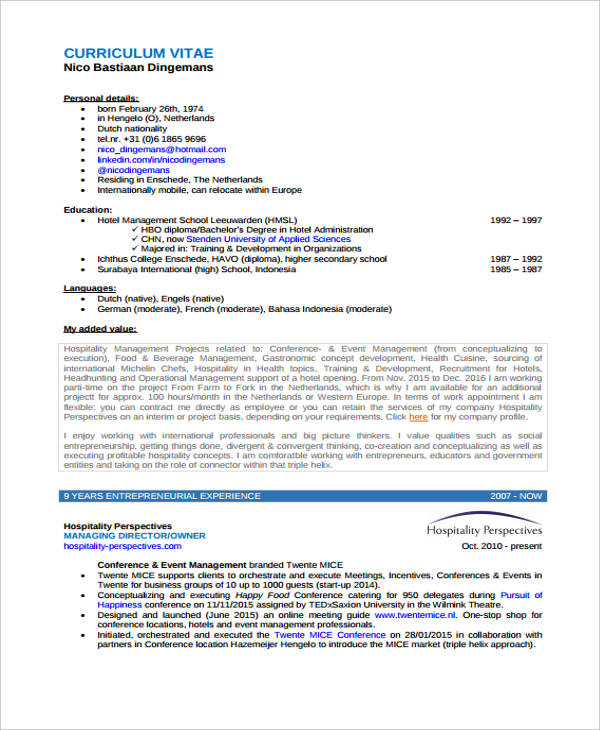 Hospitality Curriculum Vitae Templates - 10 Free Word, PDF Format Download