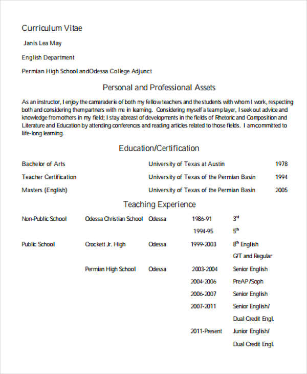 10+ Sample Teaching Curriculum Vitae Templates - PDF, DOC ...