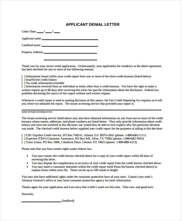 rental rejection letter