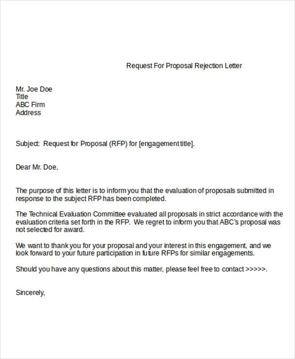 request for proposal rejection letter
