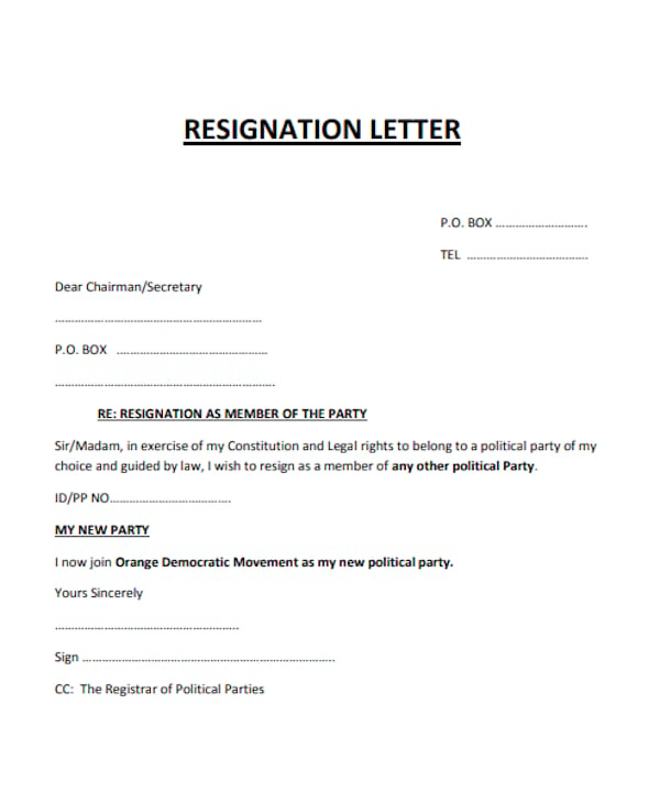 resignation letter as a member of political party