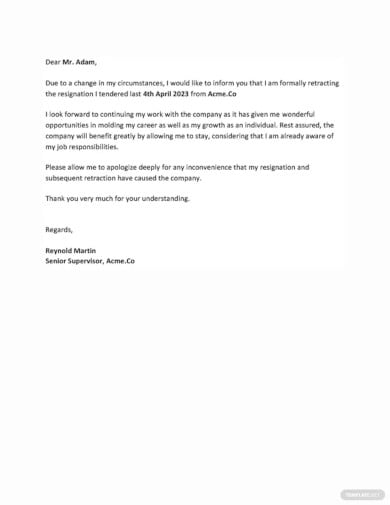 Letter Of Retraction Of Resignation