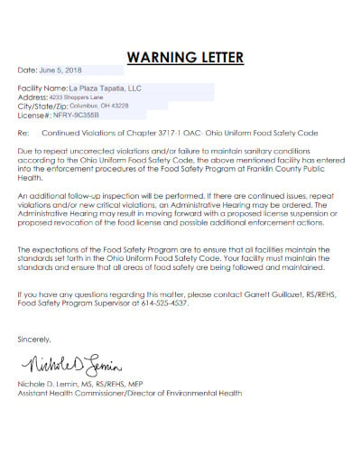 safety warning letter debit note