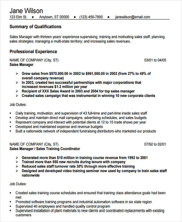 sales job resume example