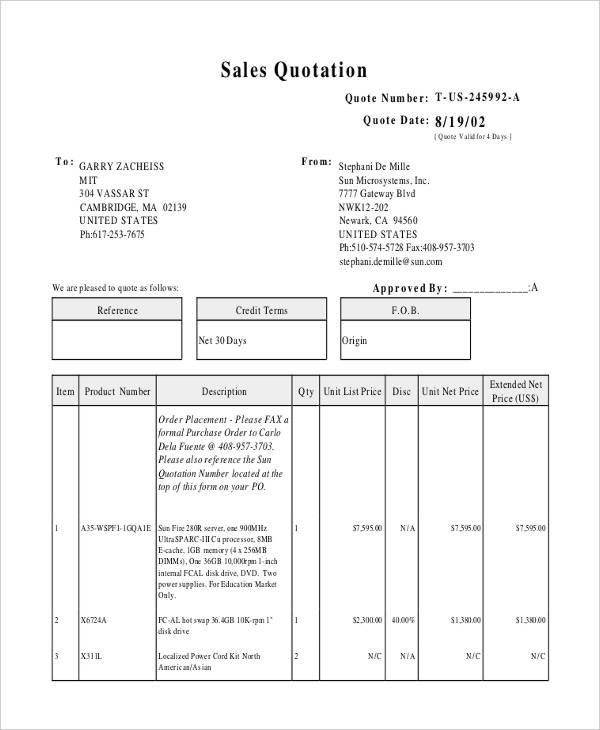 sales price quotation template