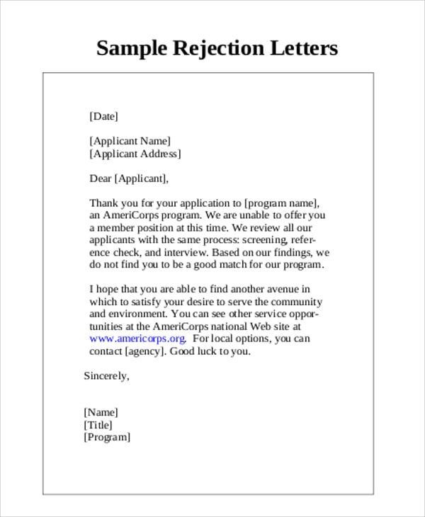 sample applicant rejection
