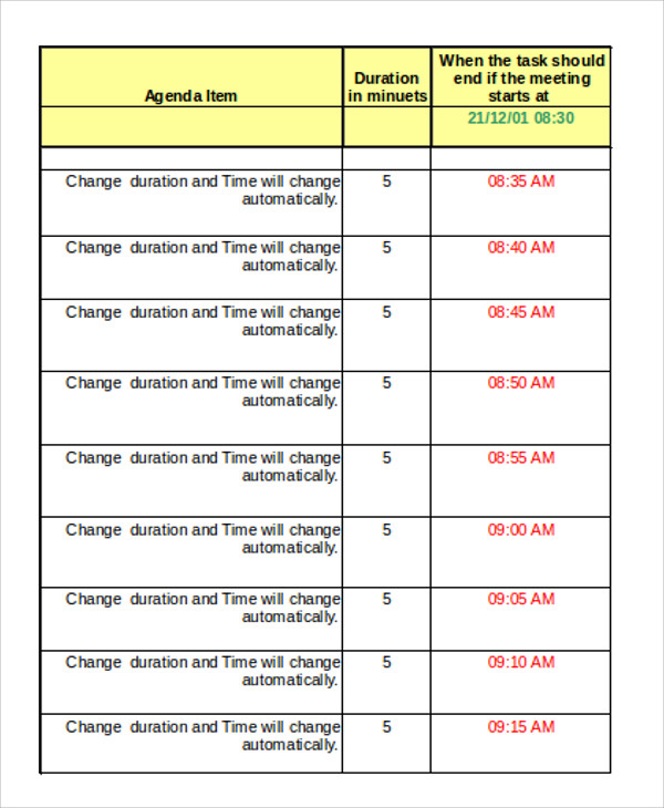 excel meeting agenda template