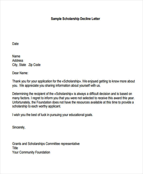 to letter school decline acceptance Letters 8   Sample, Free College Format Example Rejection