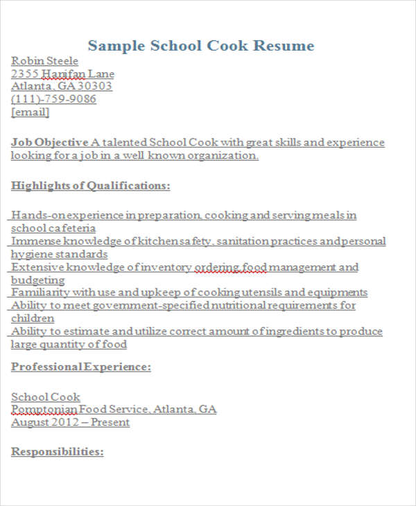 resume sample cook position