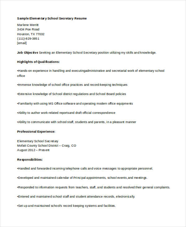 sample resume for school secretary position