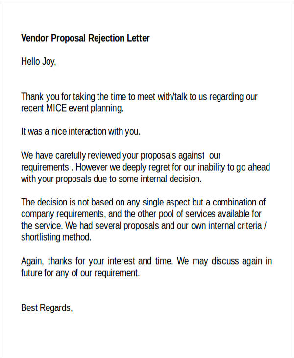 How To Decline A Vendor Proposal Email