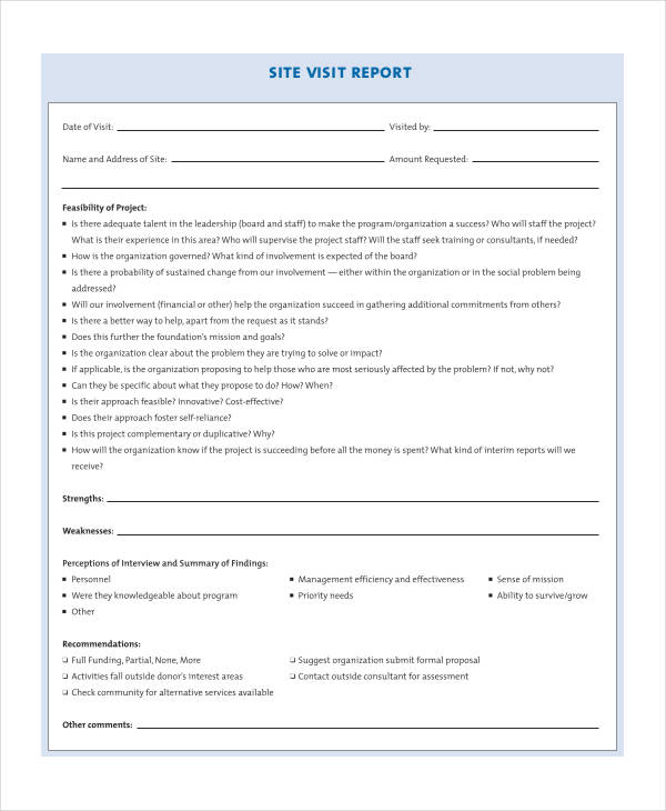 field visit report format excel