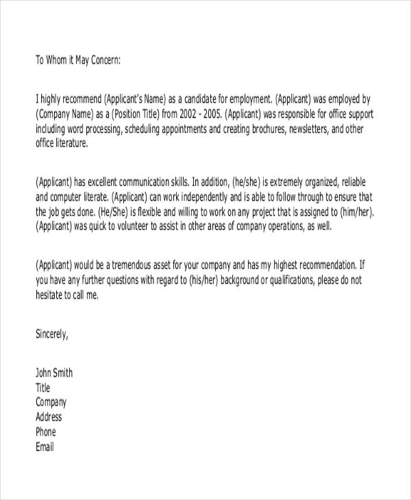 Standard Employment Reference Letter Template