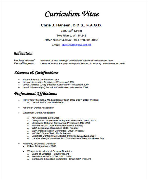 8+ Dentist Curriculum Vitae Templates - PDF, DOC