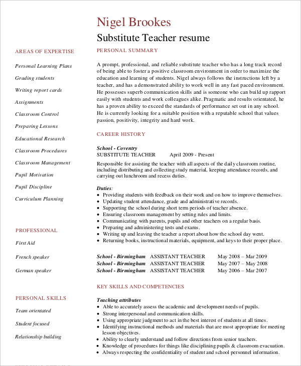 substitute teacher resume description examples