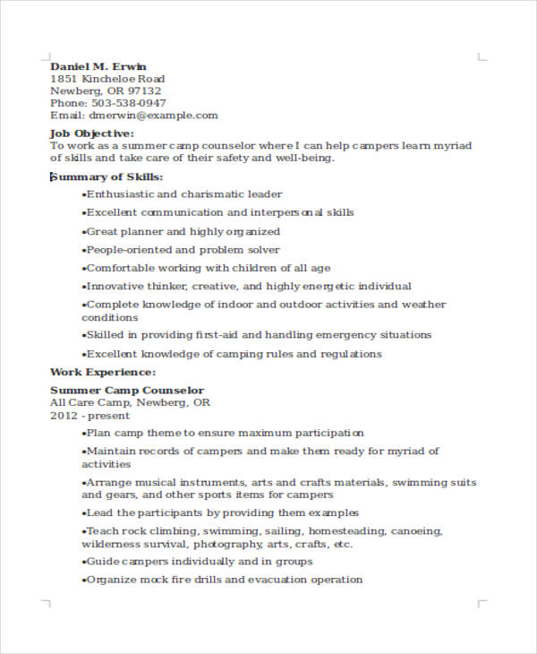 9 Camp Counselor Resume Templates PDF DOC