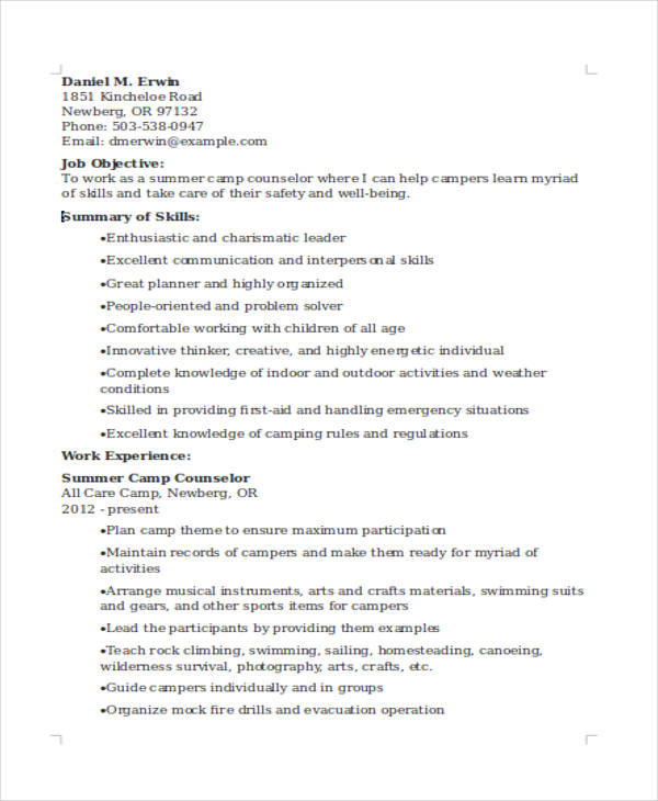9+ Camp Counselor Resume Templates PDF, DOC