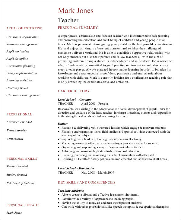 Higher Education Curriculum Vitae Samples For Teachers Pdf / ESL