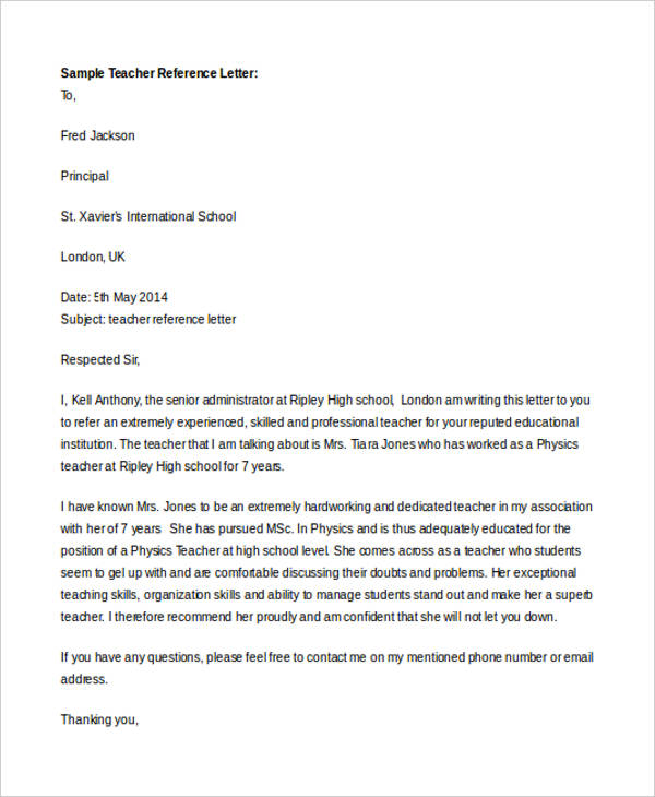 teacher job reference letter
