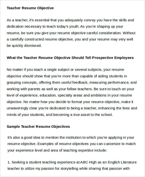 teacher job resume objective
