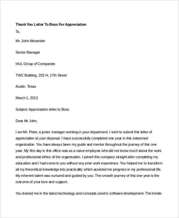 7 Thank You Letter Templates To Boss Free Sample Example Format 