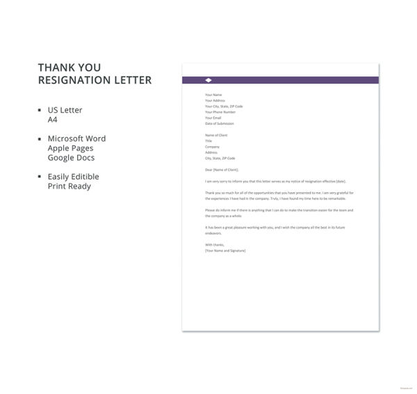 10+ ThankYou Resignation Letters Free Sample, Example Format Download