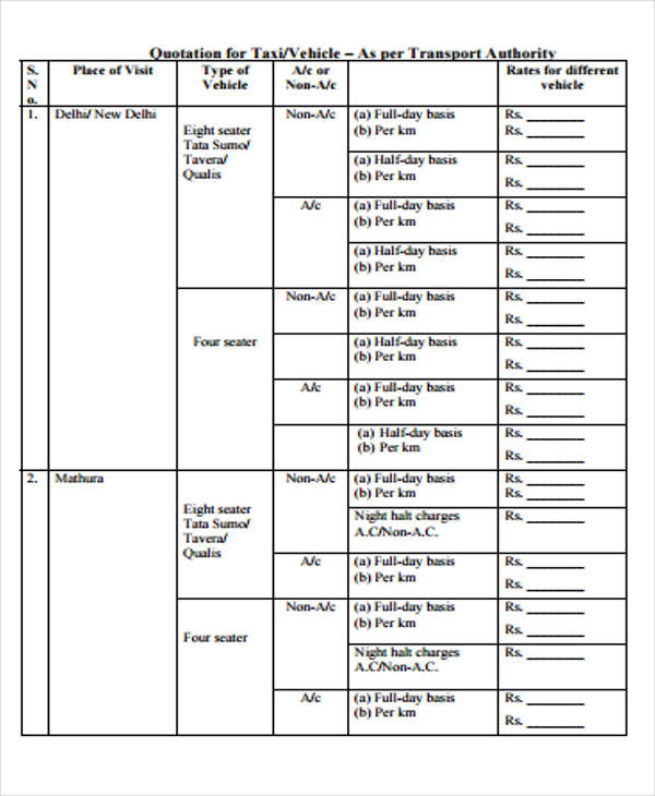 transport vehicle quotation