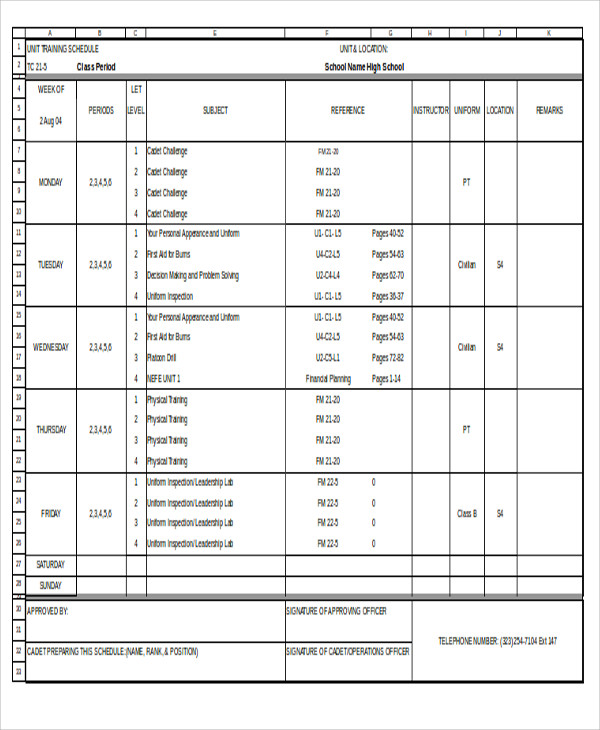 weekly training schedule