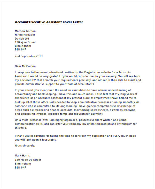 application letter sample for executive assistant