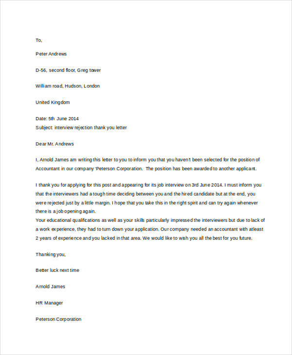 10  Application Rejection Letter Free Sample Example format Download