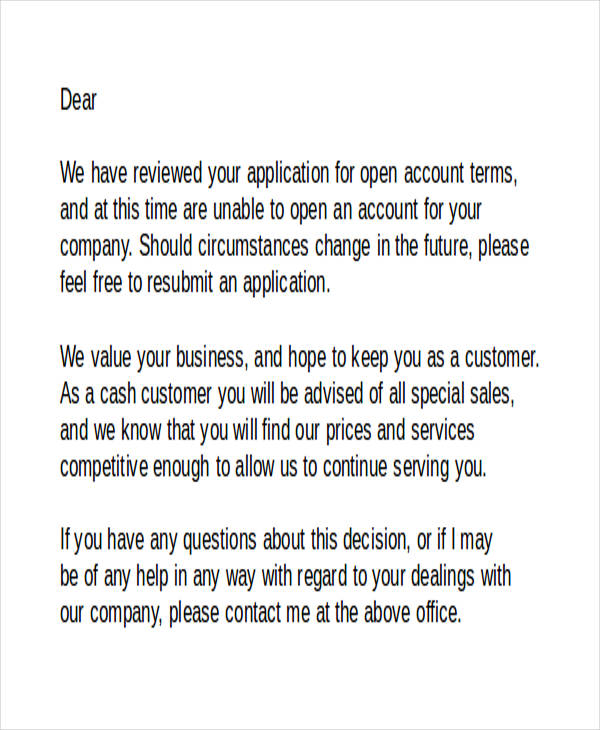 credit card application rejection letter