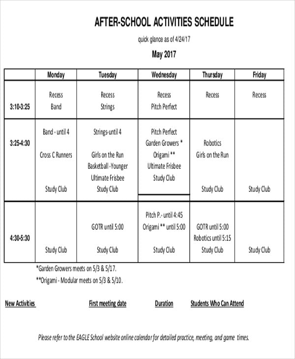After School Schedule Templates 12  Free Samples Examples Format Download